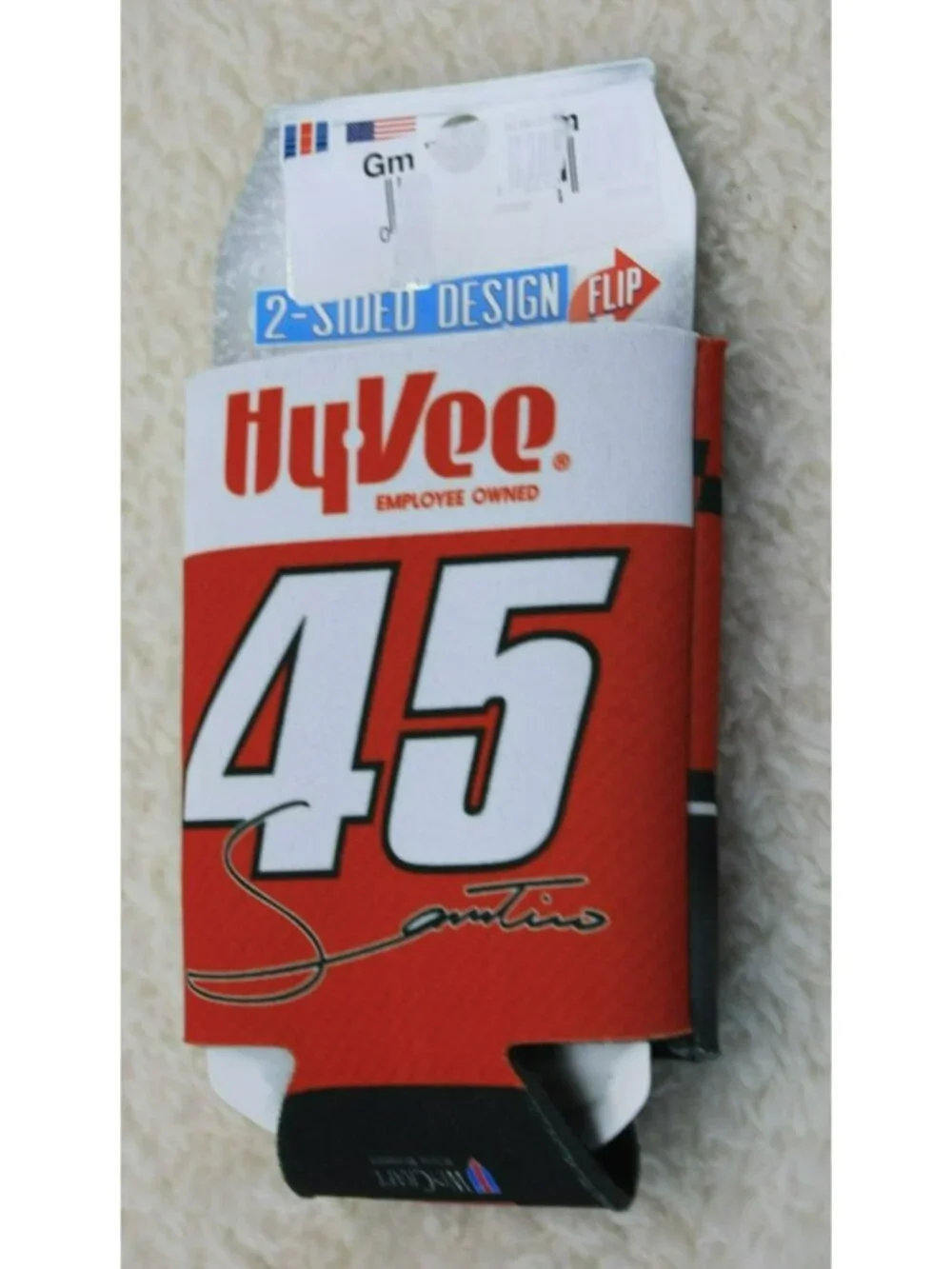 Hy-Vee Can Cooler 2-Sided 12 oz Santino Ferrucci Red Black Graphics Neoprene - Picture 2 of 2